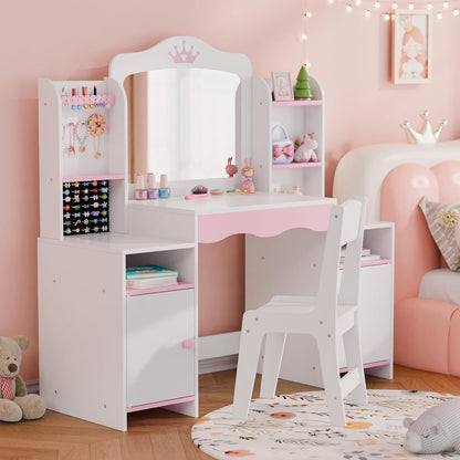 MU Kids Vanity, Girl Vanity Set with Mirror and Stool, 2 in 1 Toddler Makeup Vanity Table with Jewelry Storage, Wooden Princess Makeup Desk Dressing Table for Little Girls, (White)