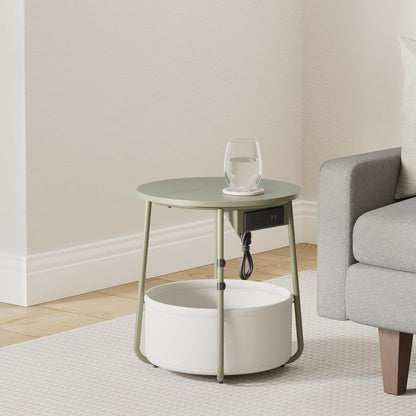 VASAGLE LILEA Collection - Side Table with Charging Station, Round End Table with Fabric Basket, Nightstand with USB Ports, for Living Room, Bedroom, Modern, Forest Green and Cream White ULET228C04