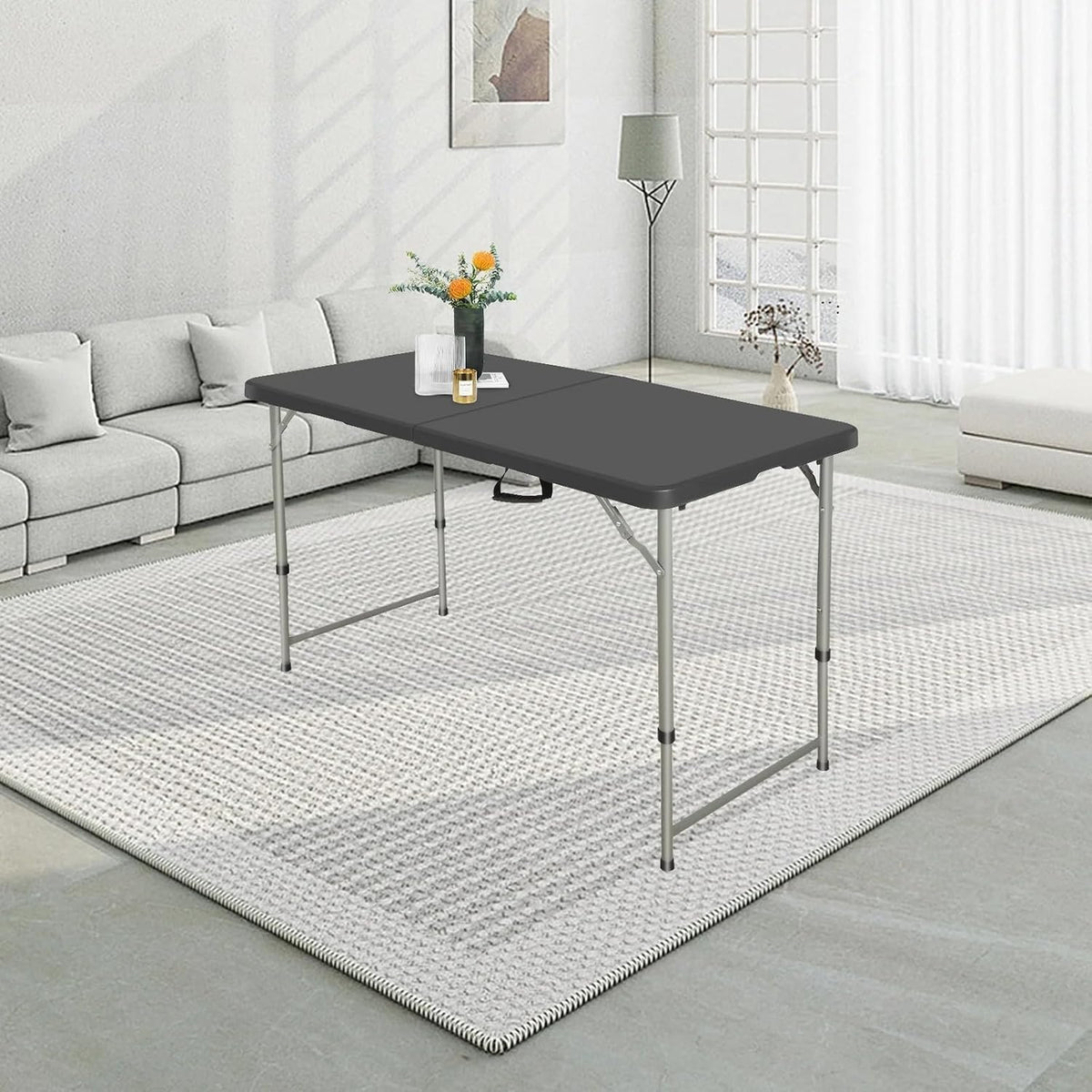 4FT Folding Table Heavy Duty 350 LBS, 3 Adjustable Heights Fold-in-Half Portable Table with HDPE Waterproof Top for Camping, Party, Craft, Card Game - Coffee Table to Dining Height, Indoor Outdoor