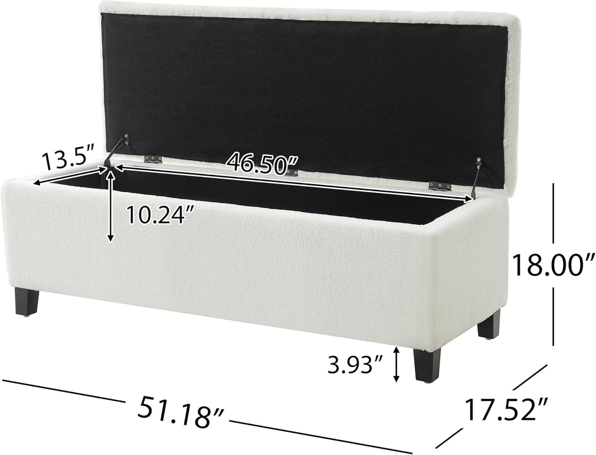 Storage Bench End of Bed, White Boucle Storage Ottoman Bench with Pressure Hinges, Foot Rest with Rubber Wood Legs, Button Tufted Ottoman with Storage for Living Room, Bedroom, Entry Ways & Window