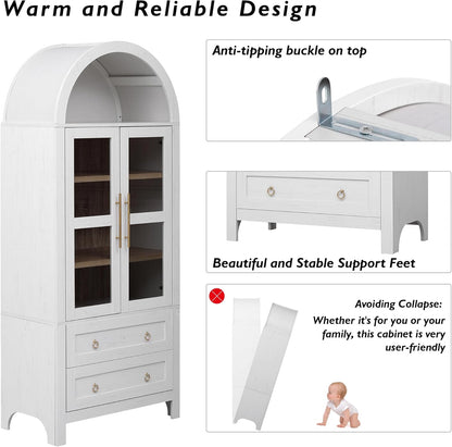 Merax 71" Tall Arched Farmhouse Pantry Cabinet with Glass Doors & 2 Large Drawers - Adjustable Shelves, Modern Kitchen Storage Cupboard for Dining Room, Living Room (30" W x 15.75" D), White