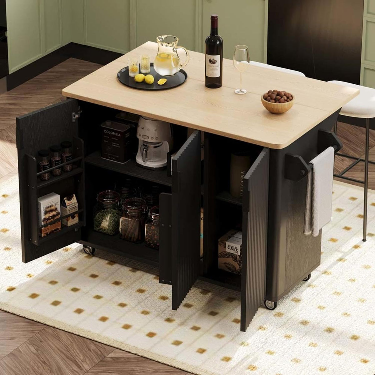 Kitchen Island with Drop Leaf with Drop Leaf Countertop with Storage and Dining Table, Kitchen Islands with Storage with Wheels Towel Rack， for Kitchen, Dining Room, Black