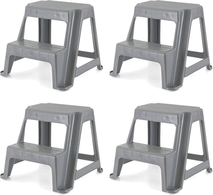 Gracious Living 16-Inch Tall Plastic 2-Step Stool, Gray, 4 Pack | Portable Dual Step Ladder Foot Stool for Kitchen, Bathroom, Bedroom & Garage