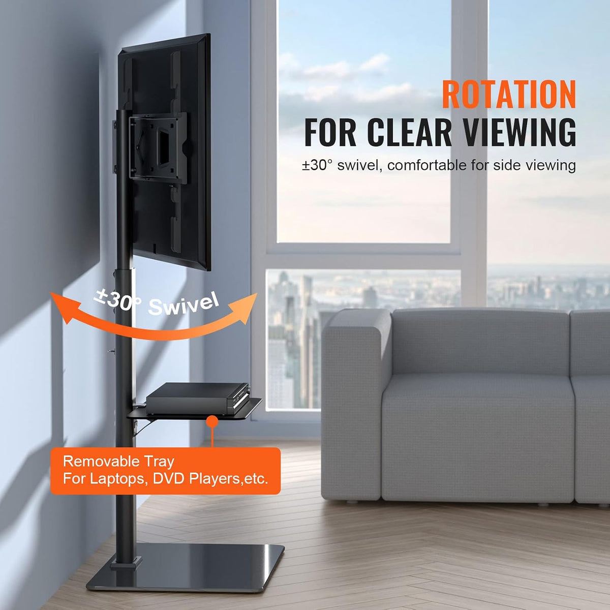 VEVOR TV Stand Mount, Adjustable Swivel Floor Stand for 32-65 Inch TVs, Portable with Tempered Glass Base, Height Adjustable for Living Room or Bedroom