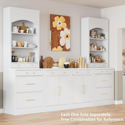 High Kitchen Pantry, Freestanding Tall Kitchen Hutch with Faux Marble Top,Cupboard Cabinet with 5 Storage Drawers and Adjustable Shelf, Set of 2 (White, 2 Pantry)