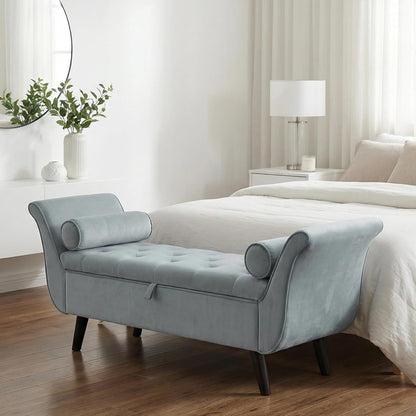 Velvet Bench for Bedroom End of Bed, 60.5 inch Upholstered Button Tufted Ottoman Bench with Rolled Arms, Button-Tufted Ottoman for Living Room, Entryway (Light Grey)