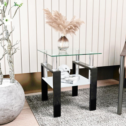 Set of 2, Modern Tempered Glass Tea Table Coffee Table End Table, Square Table for Living Room, Black
