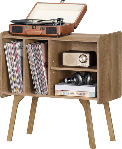 LELELINKY Wide Record Player Stand, 4-Cubby Vinyl Storage Table, Oak Grey | Mid-Century Modern Turntable Stand with Wood Legs, Up to 120 Albums, Vinyl Holder Display Shelf for Bedroom and Living Room