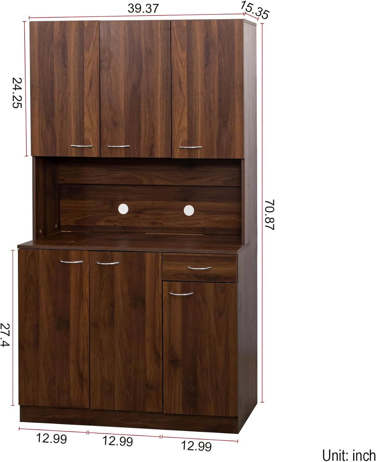 70.86" Tall Kitchen Pantry Cabinet with Open Countertop Freestanding Kitchen Hutch with Doors & Shelves & Drawer Wood Cupboard Large Pantry Cabinet Home Bar for Living Dining Room, Dark Walnut