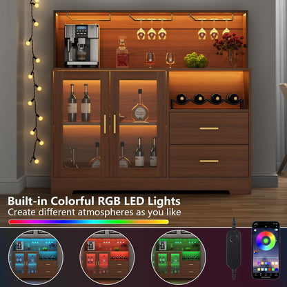 Bar Cabinet for Home with LED Light,Coffee Bar Cabinet w/ Wine & Glass Rack | Kitchen Buffet Sideboard with Storage Cabinet&Drawers, Modern Liquor Cabinet for Living Room Dining Room (Brown)