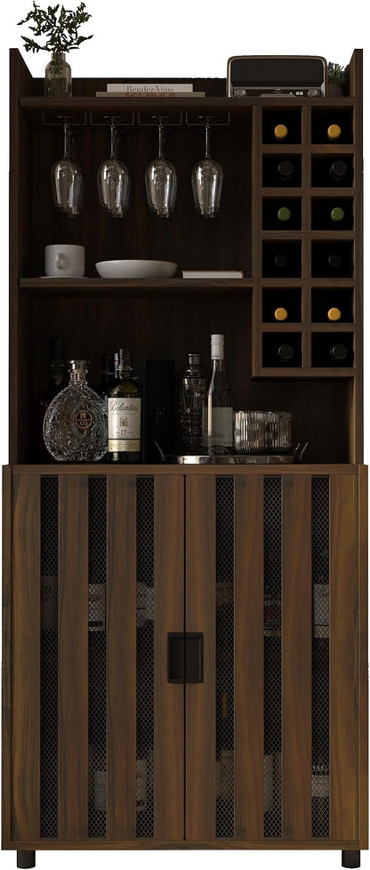 71" Kitchen Pantry Cabinet with 12 Wine Bottle Racks, Kitchen Hutch Food Pantry with Microwave Stand, Storage Cabinet with Doors and Shelves