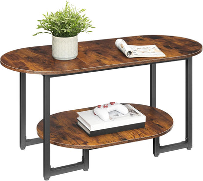HOOBRO Coffee Table for Living Room, Oval Small Coffee Table with 2-Tier Open Storage Shelf, Industrial Cocktail Tea Table, Wooden Desktop Center Table, Farmhouse, Home Office, Rustic Brown BF09KF01