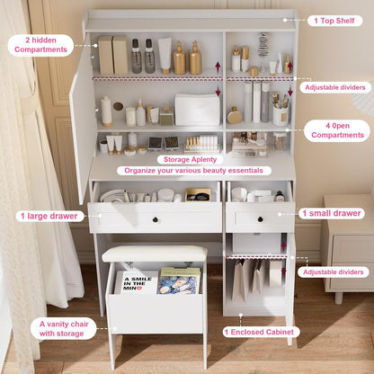 Vanity Table with Hidden Storage & LED Mirror - Includes Padded Stool, 5 Compartments, 2 Drawers & 1 Storage Cabinet - Ideal Bedroom Makeup Dressing Table White