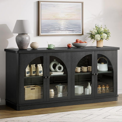 ONBRILL 63 Inch Sideboard Buffet Cabinet with Glass Doors and 4 Doors Black