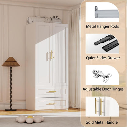 White Wardrobe with 2 Doors: 75" Tall Armoire Wardrobe Closet with 2 Drawers, Bedroom Closet Cabinet for Hanging Clothes, Wooden Storage Armoire with Shelves (Contemporary, 1)
