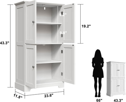 ChooChoo Bathroom Floor Cabinet, Modern Bathroom Storage Cabinet with 4 Doors and Adjustable Shelves, Freestanding Cupboard for Living Room, White | Bathroom Storage Cabinet, 4 Doors, Freestanding Cupboard for Living Room, White