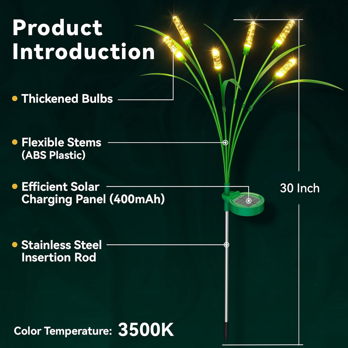 4 Packs Reeds Solar Garden Light, 30 Inch Garden Solar Light with 24 Bulbs, Intelligent Light Control System, IP65 Waterproof, Outdoor Solar Light for Decorating Yard, Pathway(Warm Color)