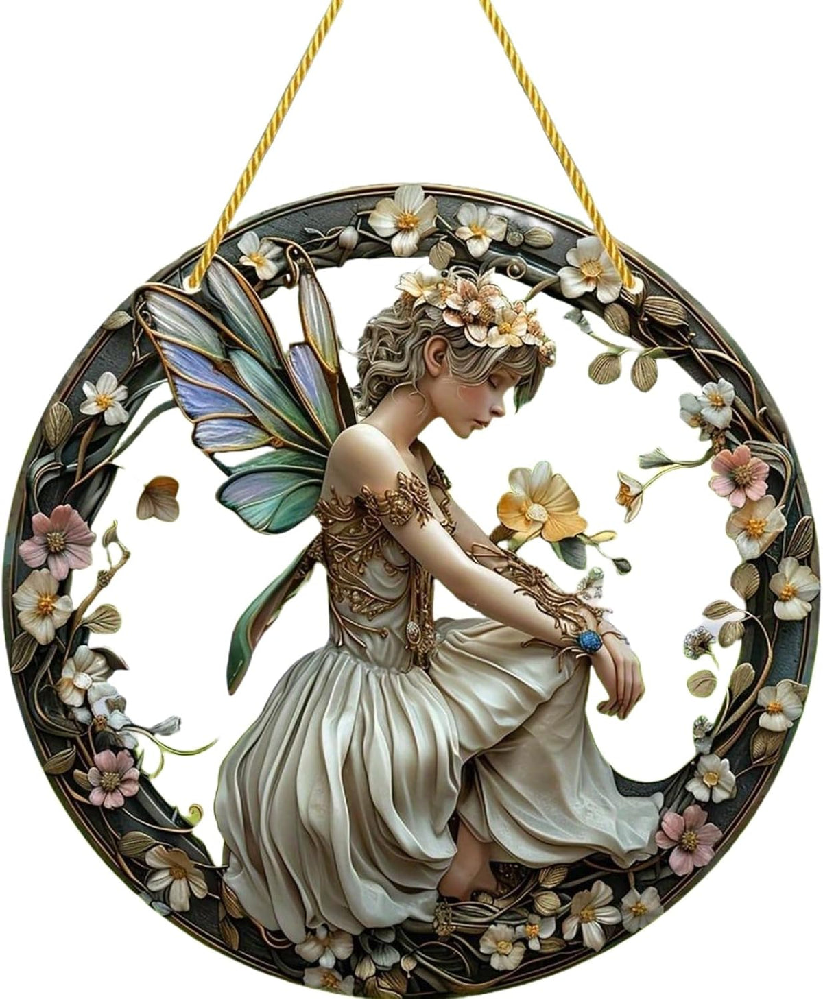 Flower Fairy Garden Decorations Angel Wing Christmas Halloween Deco Statue Art Elf Sculpture Hanging Craft for Outdoor Yard Courtyard Lawn Patio Window Acrylic Ornament Home Gift (B,L: 8*8 IN)
