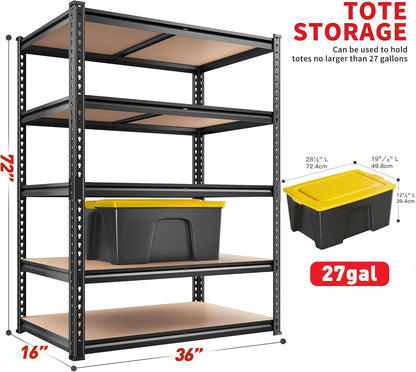 REIBII 2400LBS Garage Shelving 5 Tier Storage Shelves Heavy Duty, Adjustable Metal Shelving Unit,Garage Shelves for Basement,Warehouse,Pantry,Closet,Kitchen 72" H x 35.55" W x 16" D,2 Pack | Heavy Duty