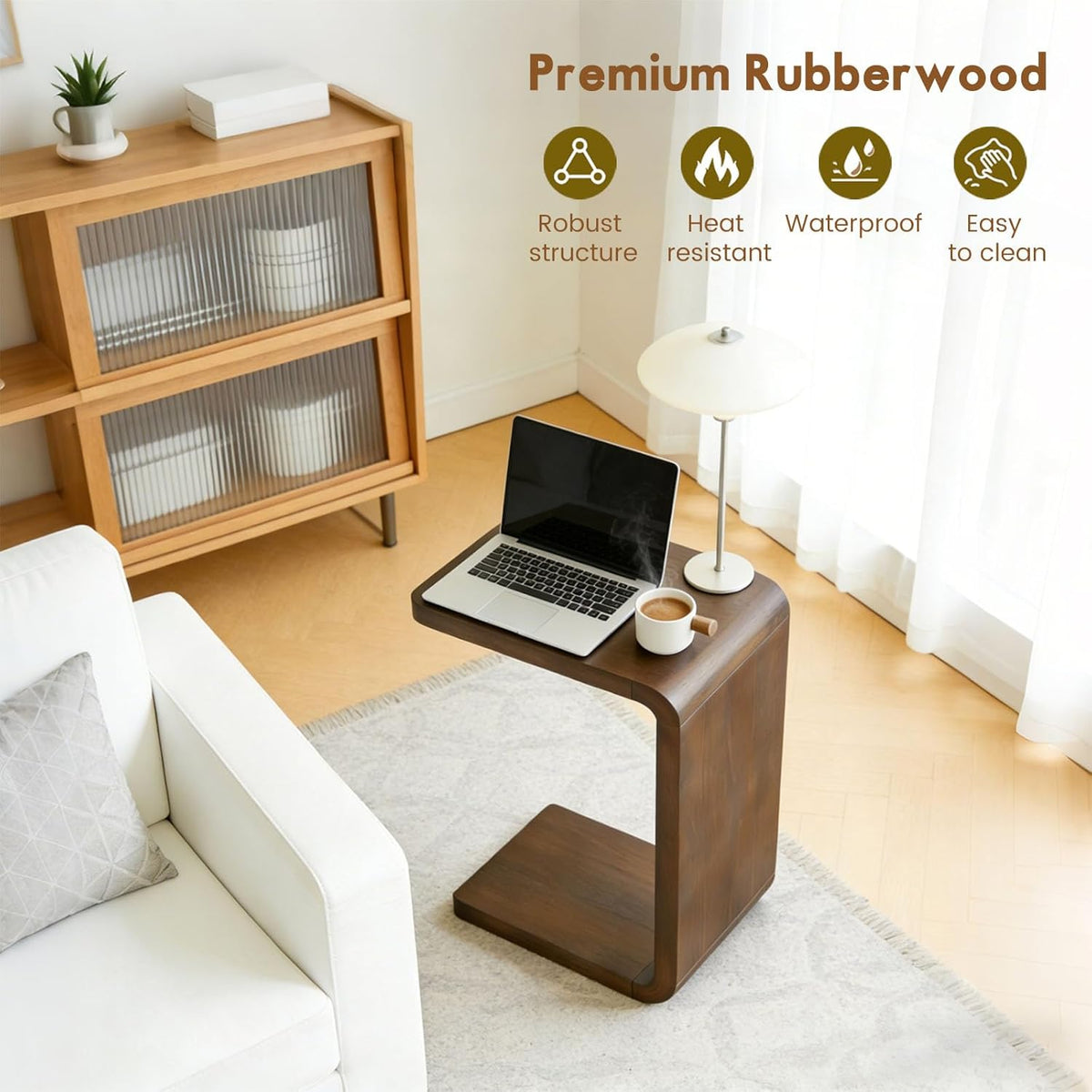 Lefedrasticity C Shaped End Table Small Side Table for Couch Walnut Sofa Table Wooden Narrow Couch Side Table Rustic C Table for Living Room Office Bedroom (Walnut)