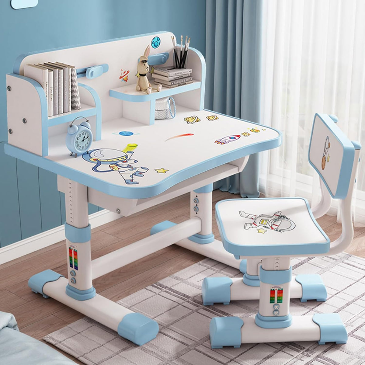 Kids Desk and Chair Set,Height Adjustable Children Study Desk Chair Set,School Student Writing Desk Table with Drawer Bookstand,Ergonomic Student Learning Table Desk Chair for Girl Boy, Blue C