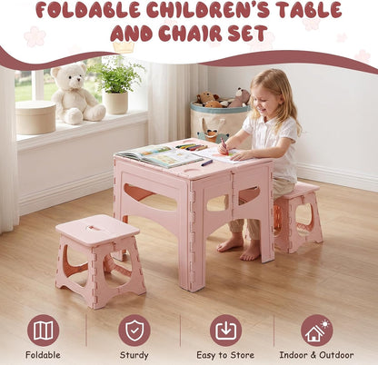 Kids Foldable Table & Chairs Set, Portable Toddler Activity Picnic Kit, 1 Table 2 Chairs Lightweight Plastic Play Furniture Indoor Outdoor Camping Backyard