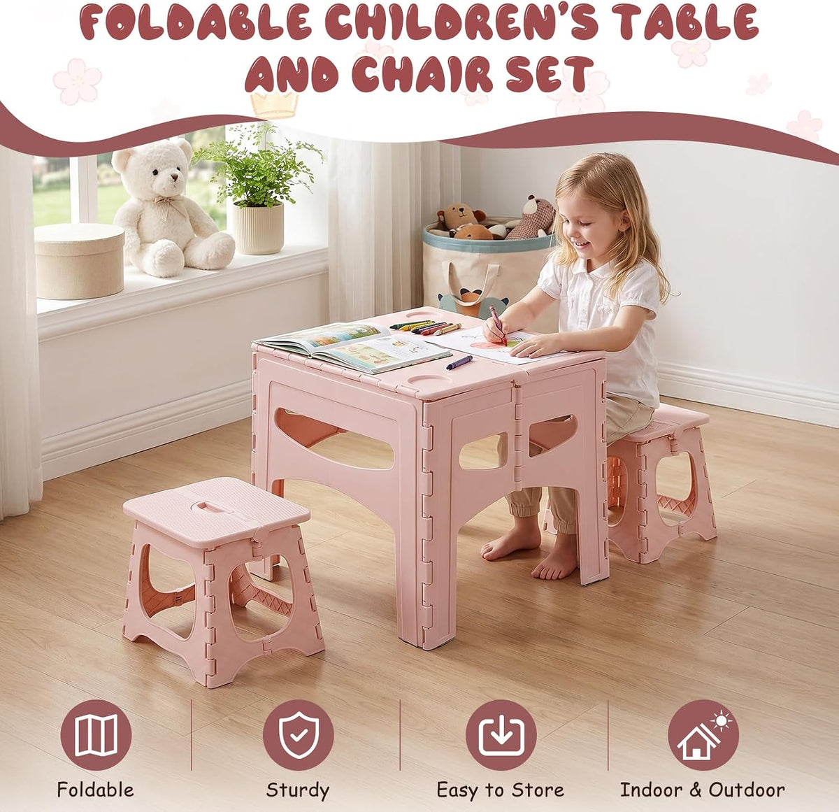 Kids Folding Table and 2 Chairs, Portable Plastic Activity Set, Light Pink | Rounded Corners, Easy Setup, Compact Storage, Lightweight Design for Crafts, Snacks, and Picnics