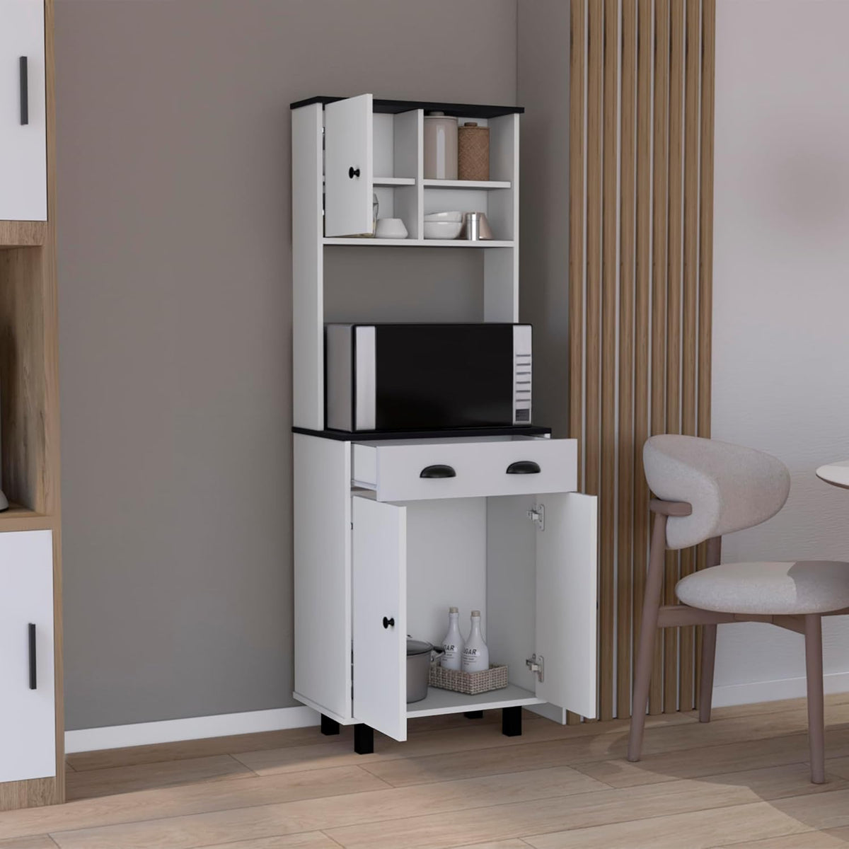 Modern Farmhouse Kitchen Pantry - White/Black Storage Cabinet with 3 Doors & Drawers | Space-Saving for Small Kitchens