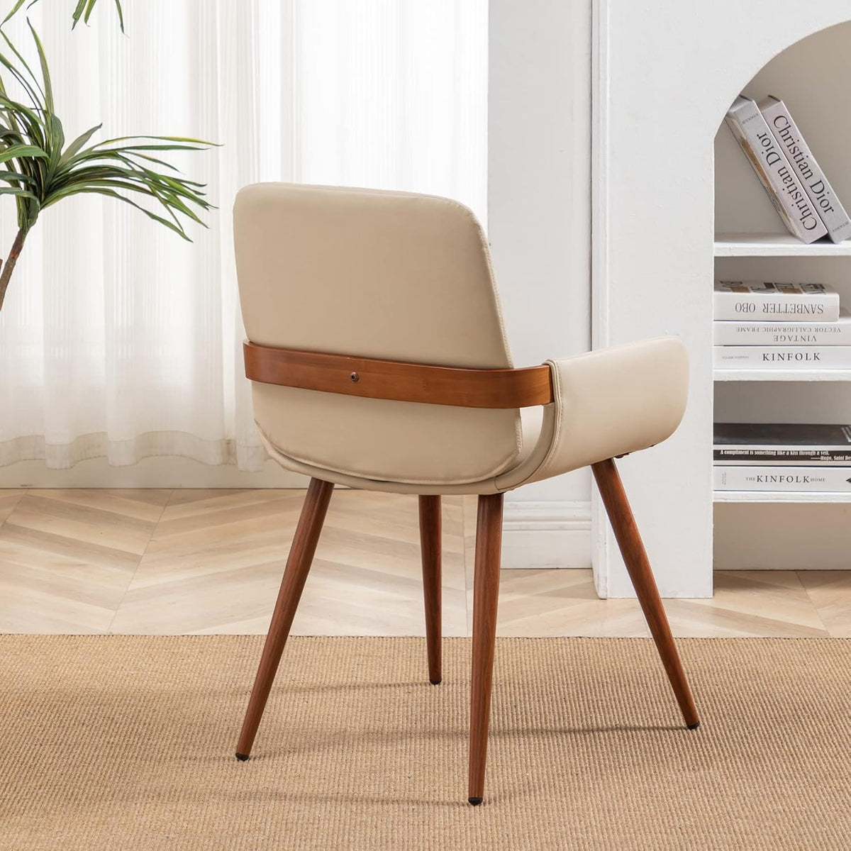 LUNLING Mid Century Modern Dining Chairs Set of 2,Accent Faux Leather Side Chairs Bentwood Frame with Armrest,Metal Legs Chair,Adjustable Foot for Kitchen Room Desk Chair(Cream White)