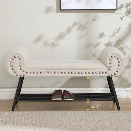 End of Bed Bench with Shoe Shelf, 45" Modern Velvet Upholstered Bedroom Bench with Rolled Arms and Metal Frame for Entryway, Living Room, Hallway, Foyer, 300 lbs, Cream
