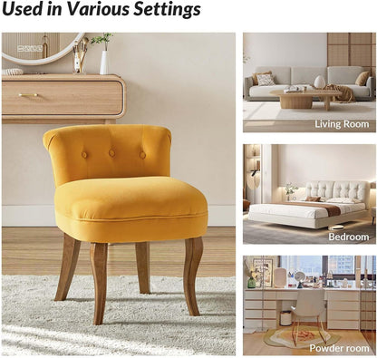 HULALA HOME Velvet Vanity Stool with Low Back, Mustard | Small Modern Vanity Chair with Solid Wood Legs for Women Girls, Bedroom, Dressing Table