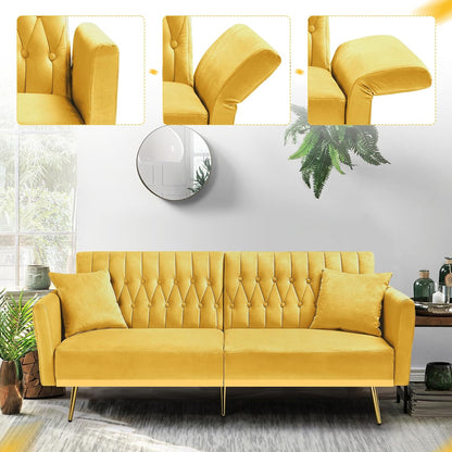 70” Velvet Futon Sofa Bed w/Adjustable Armrests & 2 Pillows, Convertible Futon Couch w/Adjustable Backrests, Modern Sleeper Bed for Living Room, Bedroom, Yellow