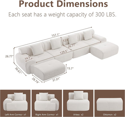 L-Shaped Modular Sectional Sofa, Sectional Couch, Oversized 3-Seater Cloud Couch with Deep Seat and Movable Ottoman for Living Room, Apartment (Beige, 3 Seater with 2 Ottoman)