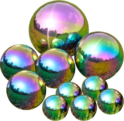 Nerien Gazing Ball, Stainless Steel Garden Mirror Globe, Polished Ornament Sphere, Hollow Floating Reflective Hemisphere, for Home Outdoor Pond Housewarming Swimming Pool Decoration, Rainbow, 10Pcs