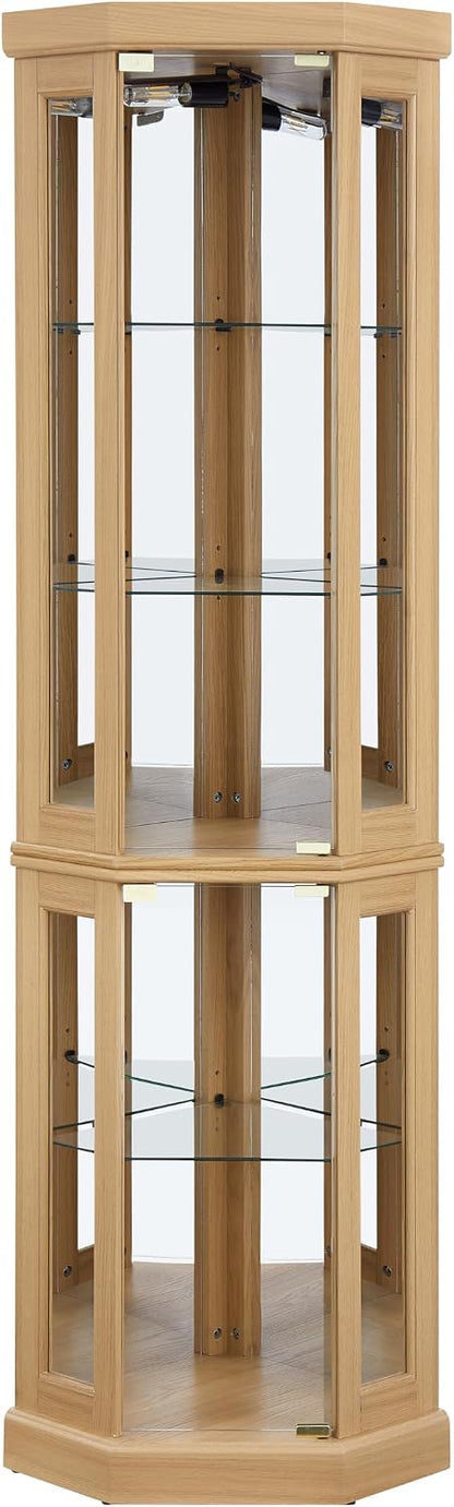 Tall Corner Cabinet with Glass Doors, Lighted Glass Display Curio Cabinet with Adjustable Shelves, Home Office Floor Standing Display Cabinets for Bar, Liquor Storage and Medal, Light Oak