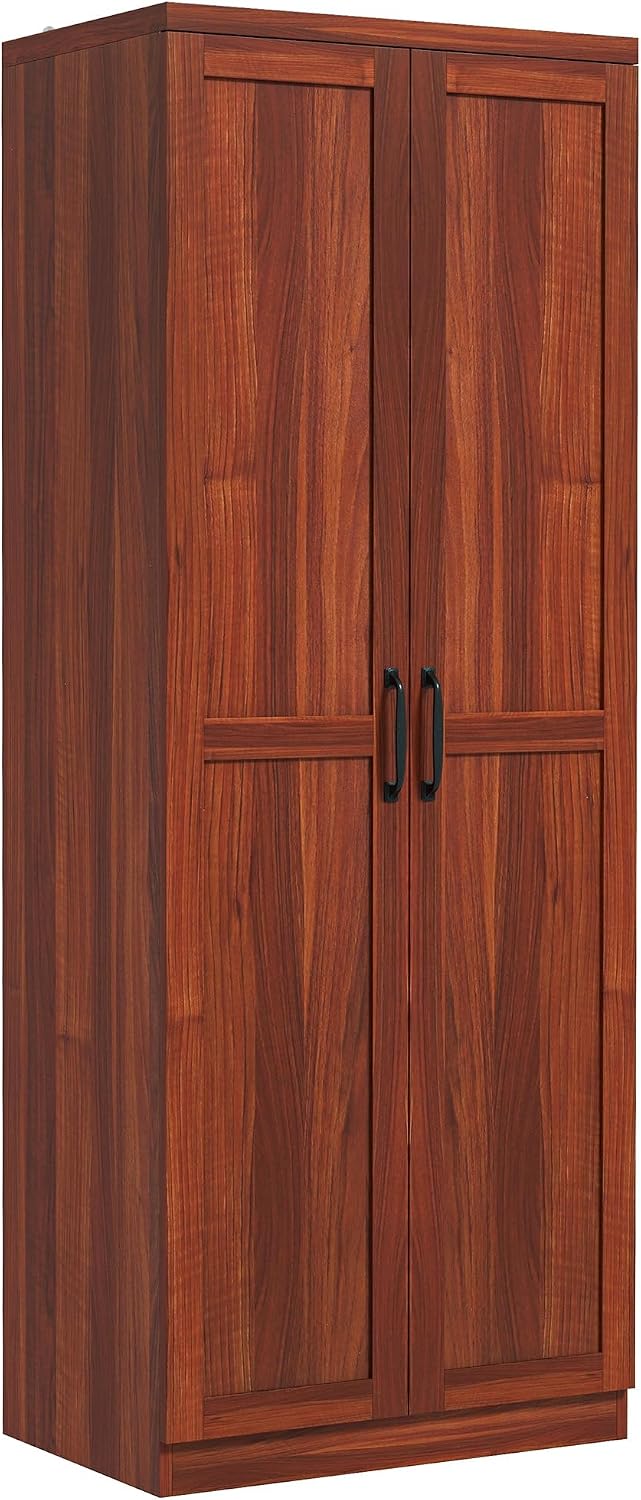 63" 2-Door Kitchen Pantry, Freestanding Storage Cabinet with 5-Tier Shelving and 2 Adjustable Shelves for Dining Room, Tan