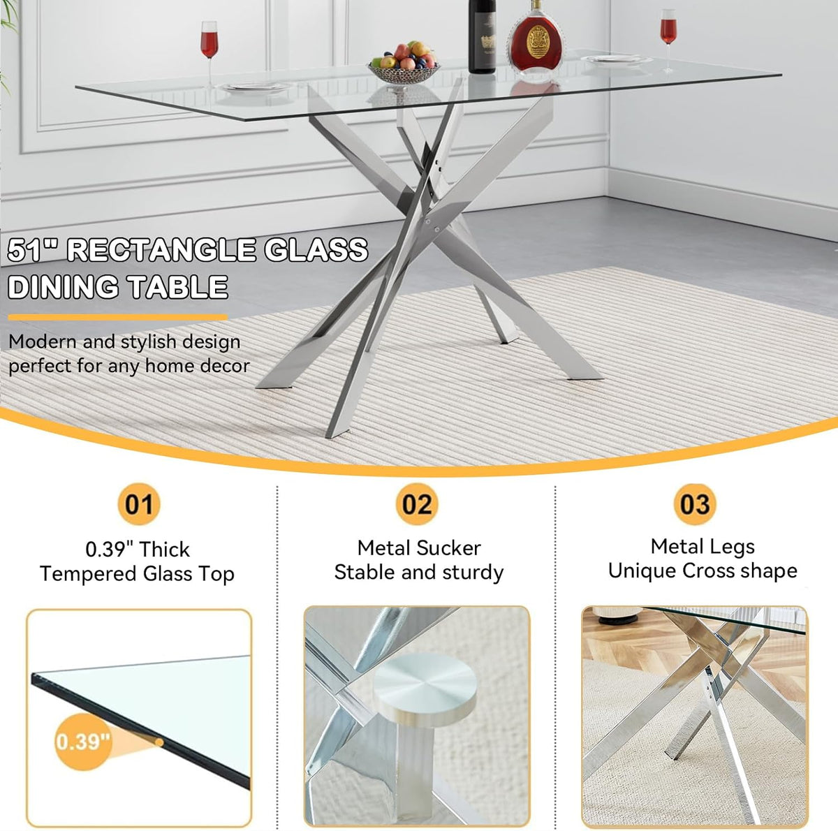 Modern Glass Dining Table Set for 6, Silver Glass Kitchen Table and Chairs Set, 7 Piece Dining Room Table Set with 51" Rectangle Dinner Table and 6 White Leather Dining Chairs