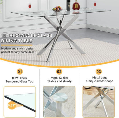 Modern Glass Dining Table Set for 6, Silver Glass Kitchen Table and Chairs Set, 7 Piece Dining Room Table Set with 51" Rectangle Dinner Table and 6 White Leather Dining Chairs