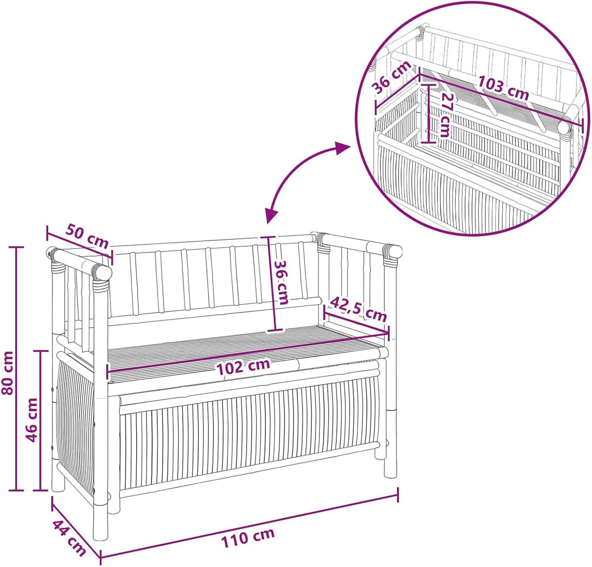 Bamboo Garden Storage Bench, Outdoor Patio Seating with Hidden Storage Compartment, 43.3 x 18.5 x 31.5 Inch Rectangular Wood Bench for Backyard, Balcony, Indoor and Outdoor Use
