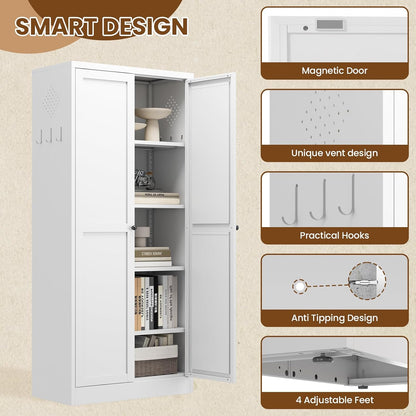 Metal Pantry Cabinet, 61" Kitchen Pantry Cabinet with 2 Doors and 4 Adjustable Shelves, White Steel Storage Cupboard for Dining, Office, Living Room, Bathroom