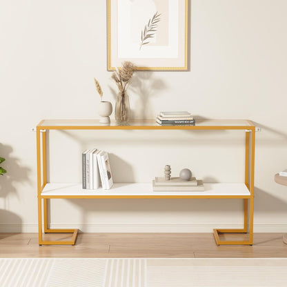 Furnify Console Sofa Table, 52" Modern Entryway Table, 2-Tier Open Shelf with Tempered Glass, Gold Metal Frame Behind Couch Table for Living Room Bedroom Hallway Entrance, White