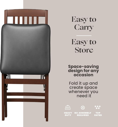 SIMPLEX Folding Wood Dining Chairs, Padded, No Assembly, 2 Pack | Solid rubberwood frames support 400 lb each; PU leather cushions fold to 17 inches for kitchens, apartments or extra seating.