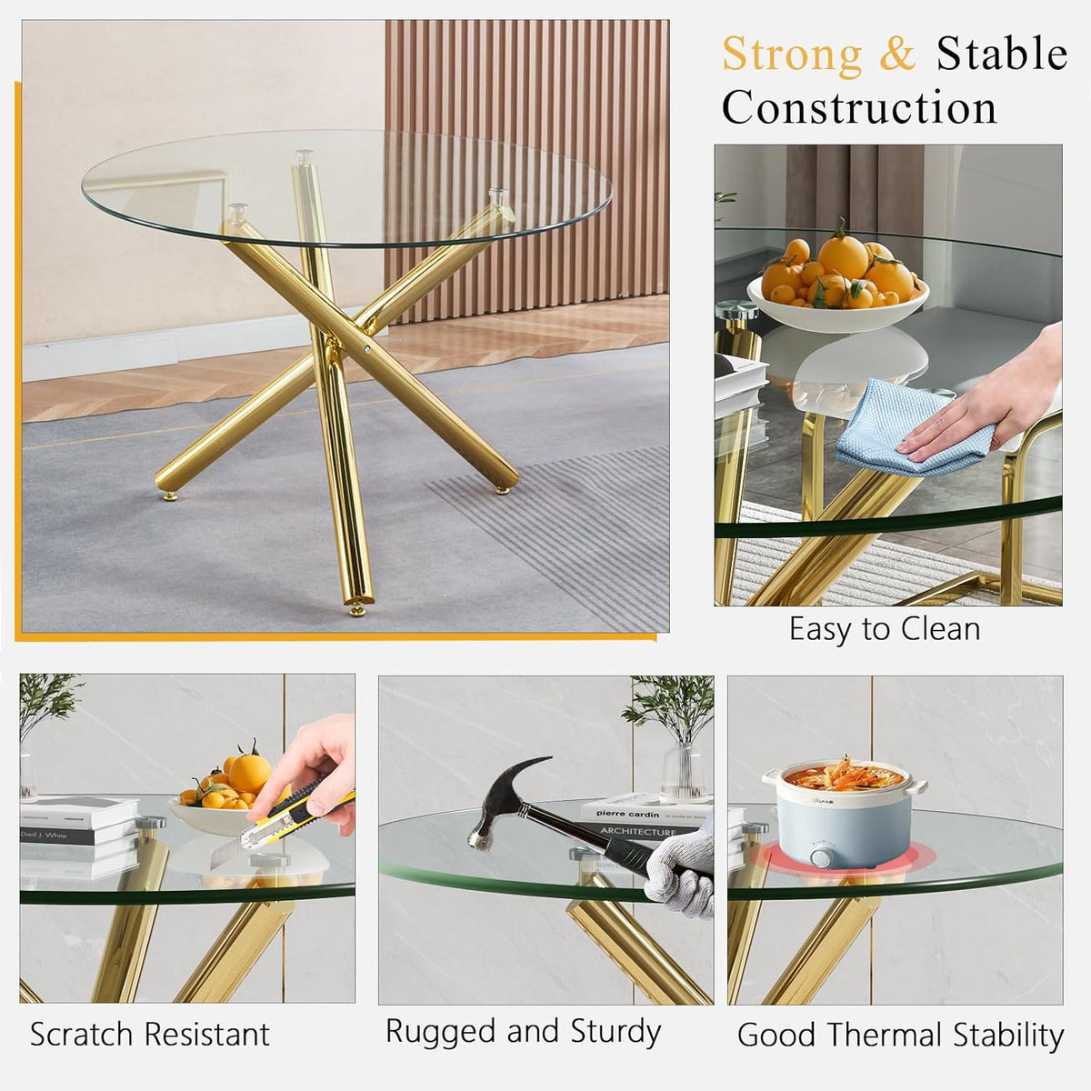 Round Glass Dining Table Set for 4, Small Kitchen Table Set for 4, 47" Circle Gold Glass Dinner Table for 4 with Black Velvet Chairs, 5 Piece Dining Room Table Set for 4 for Breakfast Dinette Cafe