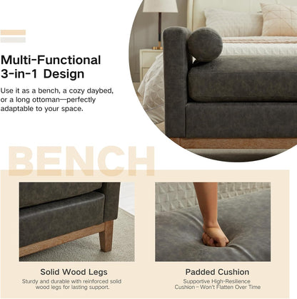 End of Bed Bench for Bedroom, 66.34'' Long King Size Vegan Leather Bench with Arms Upholstered Shoe Bench for Entryway, Hallway, Cloakroom, Window Bench (Grey PU).