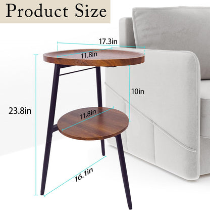 Side Table Small End Table, Oval Round Wood Sofa Table, 2 Tier Accent Table Nightstand Bedside Table with Metal Frame for Living Room, Bedroom, Small Spaces (Rustic Brown)