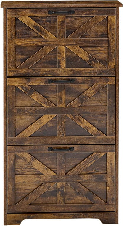 Shoe Cabinet with 3 Flip Drawers, Farmhouse Shoe Storage for Entryway, Wooden Shoe Organizer Cabinet with Adjustable Shelves, Hidden Slim Shoe Cabinet for Hallway, Living Room, Brown