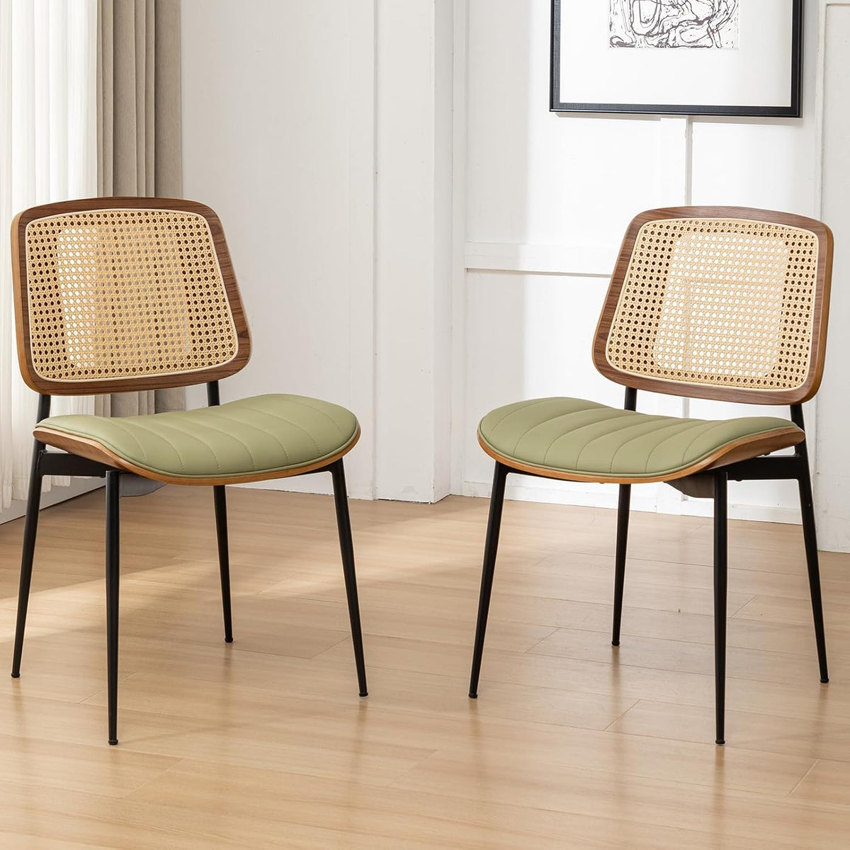 Rattan Dining Room Chairs Set of 4,Mid Century Modern Green PU Leather Kitchen Chair,Upholstered Seat Metal Legs Chairs with Adjustable Foot Pads,Walnut Armless Side Chairs