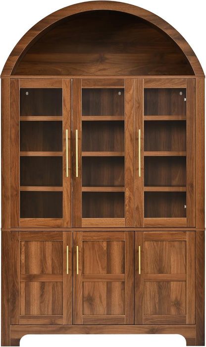 73" Tall Arched Kitchen Pantry with Three Glass Doors,Door Shelves & Adjustable Shelves, Tall Cupboard for Dining Room, Bathroom (Walnut-CW)