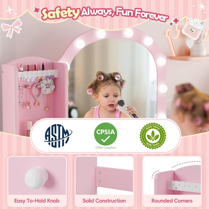 MU Kids Vanity, Girl Vanity Set with Mirror and Chair, 2 in 1 Toddler Makeup Vanity Table with Jewelry Storage, Wooden Princess Makeup Desk Dressing Table for Little Girls, Pink