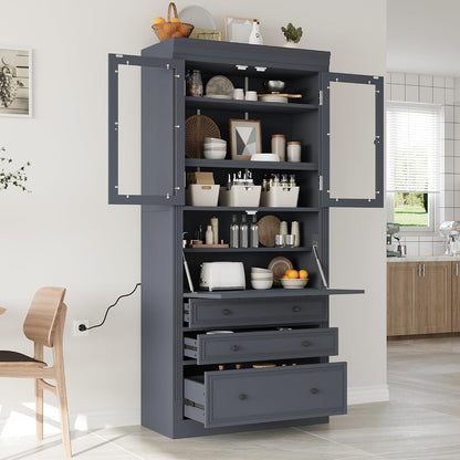 JIJIWANG 78" Tall Freestanding Kitchen Pantry Storage Cabinet,Multifunctional Cupboard with 3 Drawers,Adjustable Shelves and Power Outlet for Office, Kitchen,Dining Room,Grey